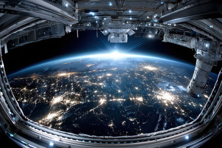 Earth viewed at night from a space station windowの写真素材