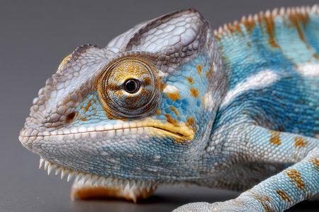 Closeup studio shot of a colorful chameleon's headの写真素材