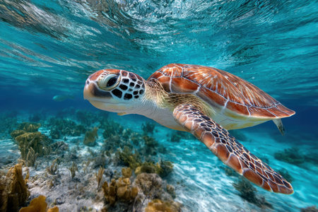A sea turtle glides through crystal clear turquoise water above a coral reefの写真素材