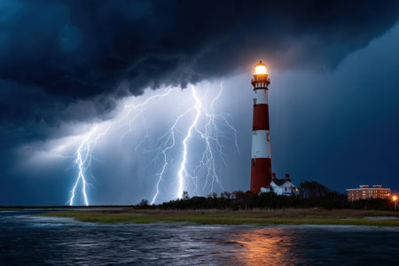 A lighthouse stands tall against a stormy night sky with dramatic lightning strikesの写真素材
