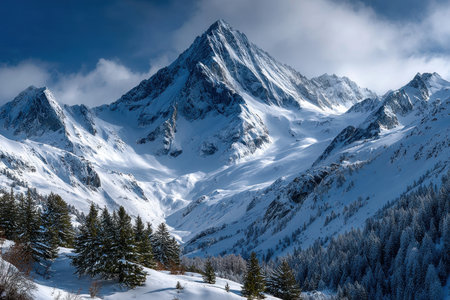 Snowcovered mountains and pine trees in a serene winter valley landscapeの写真素材