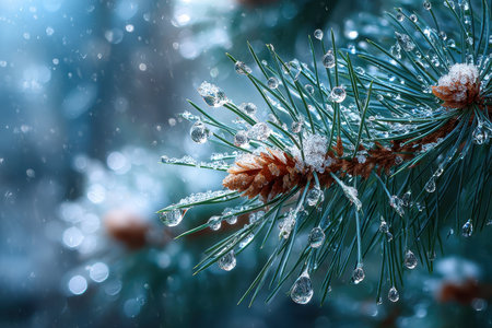 Closeup of a pine branch with water droplets and snow in winterの写真素材