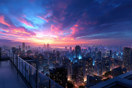 A vibrant sunset over a futuristic city as seen from a rooftop balconyの写真素材