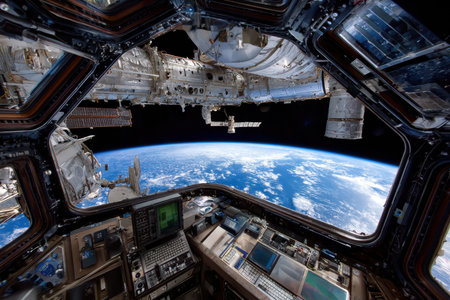 Astronaut's perspective from the International Space Station shows Earth below and various modules above.の写真素材