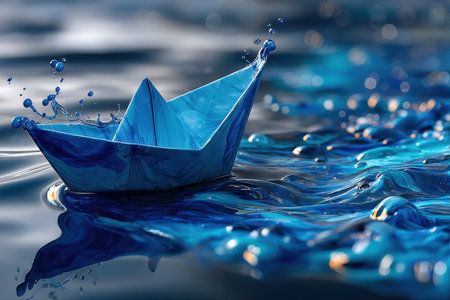 A delicate paper boat navigates through brightly colored water, creating splashes and ripples.の写真素材