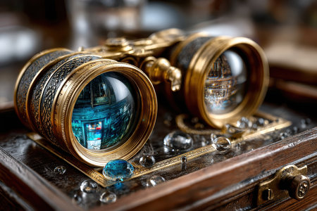 Ornate binoculars placed on a wooden box, showcasing intricate patterns and reflections of vibrant colors.の写真素材