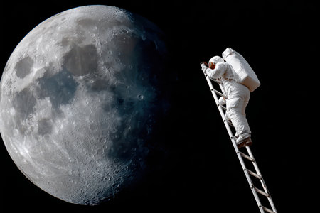 An astronaut ascends a ladder aiming for the moon's surface, highlighting humanity's quest for space exploration.の写真素材
