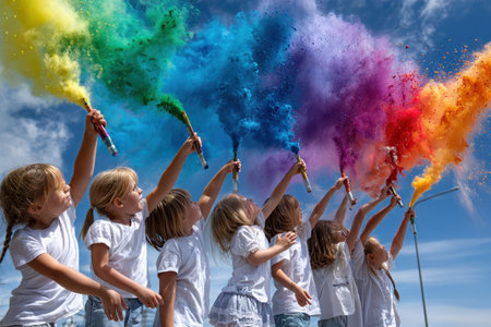 A group of children is joyfully waving colorful smoke sticks in the air, creating a vibrant display.の写真素材