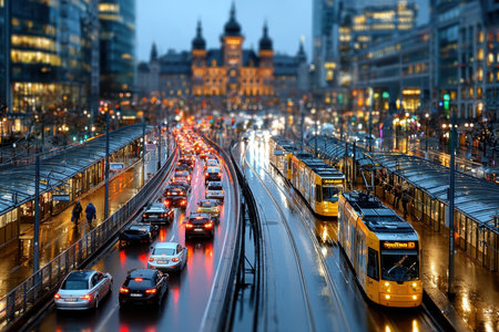 Trams and cars on a busy city street at night in the rainの写真素材
