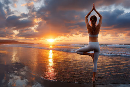 A woman performs yoga at the beach during sunrise, creating a tranquil atmosphere with gentle waves.の写真素材