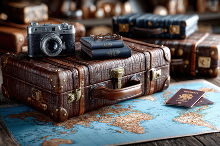 Classic suitcases, a retro camera, and travel books are arranged on a vintage map on a wooden surface.の写真素材
