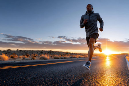 A man running on a deserted road at sunrise, under soft, natural light, shot with a telephoto lens, the man's shadow is running in the opposite direction, ultrarealistic photo --ar 3:2 --raw --profile nk3i4wf --stylize 250 --v 7 Job ID: 4e55edb6-cb7f-4f65-b39f-bf5fe25812f4の写真素材