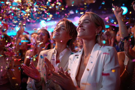 Enthusiastic crowd claps and smiles as colorful confetti falls during a festive performance at night.の写真素材