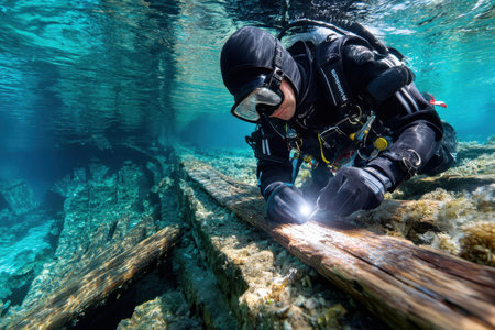 A diver inspects wooden wreckage at a submerged archaeological site in bright azure waters during daylight.の写真素材