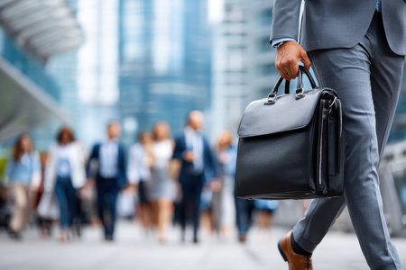 A man in a business suit carries a briefcase while walking through a busy city street filled with people.の写真素材