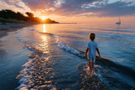 A child wades through gentle waves on the beach as the sun sets, casting warm colors across the sky.の写真素材