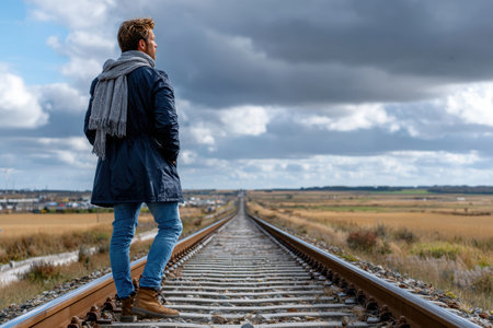 A man wearing a scarf and jacket walks along the railway tracks in an open field with overcast skies.の写真素材
