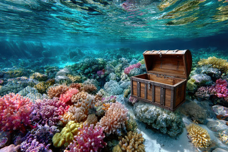 An open treasure chest rests on the ocean floor, surrounded by a vibrant and colorful coral reef Sunlight filters down from the surface, illuminating the sceneの写真素材