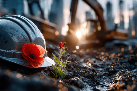 A poignant shot of a hard hat on a construction site, symbolizing resilience and hope, under summer dawn light, using a telephoto lens on a DSLR, where a single poppy is growing through the hatの写真素材