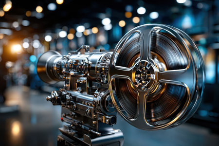 A vintage film projector stands prominently, highlighting its elegant design in a cozy cinema setting.の写真素材