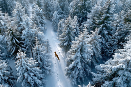 A red fox walks along a snowy path in a dense forestの写真素材