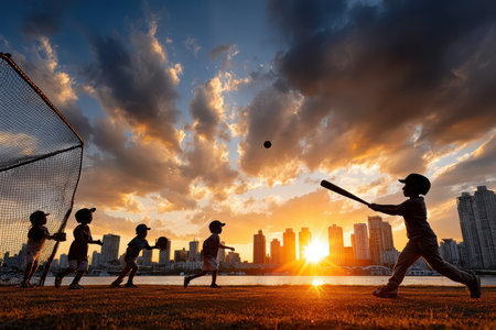 Silhouetted children enjoy a game of baseball as the sun sets over the skyline of a city.の写真素材