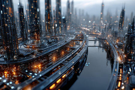 A futuristic cityscape with curving roads and waterways at duskの写真素材