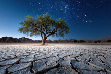 A lone tree stands on cracked desert ground under a starry night skyの写真素材