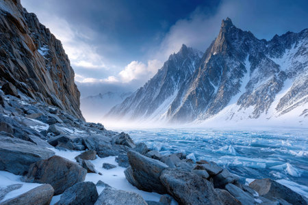 A frozen lake with ice floes and snowcapped mountains in the backgroundの写真素材