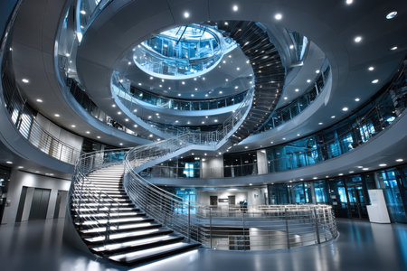 A spiral staircase winds through a modern office atriumの写真素材