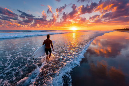 A surfer walks along the beach with his surfboard at sunsetの写真素材