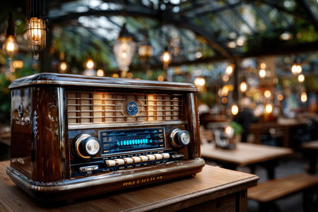 A vintage radio on a wooden table, under warm, afternoon light, with a sudden tuning of a stationの写真素材