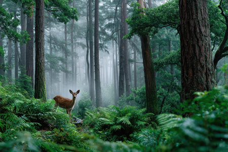 A young deer stands among ferns in a misty forestの写真素材