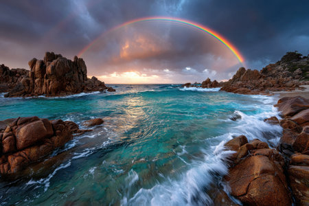 Turquoise ocean waves crash against rocks on a beach under a rainbowの写真素材