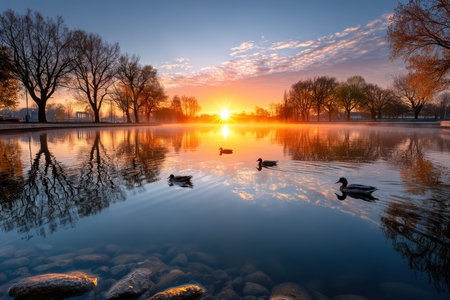Ducks swim on a calm lake at sunrise, with trees reflected in the waterの写真素材