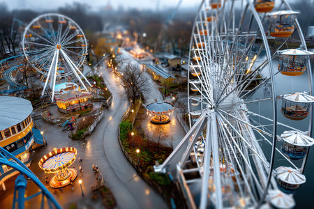 Blurred aerial view of an amusement park with two ferris wheels and other rides at duskの写真素材