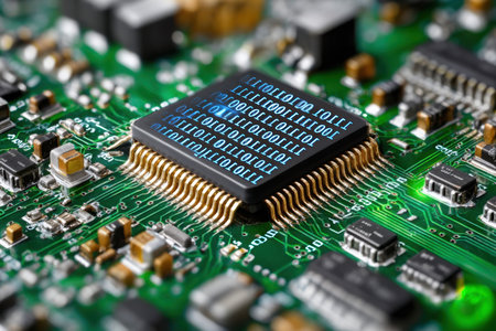 Closeup view of a computer circuit board with a chip displaying binary codeの写真素材