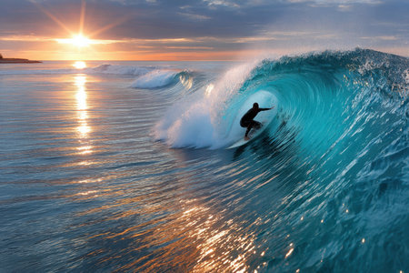 A surfer skillfully navigates a curling wave as the sun sets, creating a stunning view with reflections on water.の写真素材