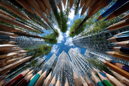 Tall buildings surround a vibrant urban forest, pencils create a whimsical look at nature in the city sky.の写真素材