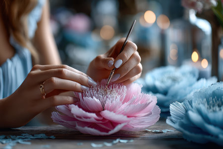 Artist skillfully creates intricate paper flowers with soft colors at a beautifully arranged workspace.の写真素材
