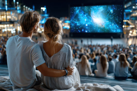 Couple enjoys an outdoor movie night surrounded by friends while watching a stunning galaxy on screen.の写真素材