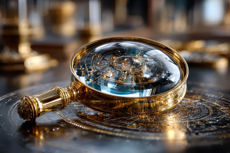 A crafted magnifying glass reveals a detailed astrological chart with golden elements and intricate designs.の写真素材