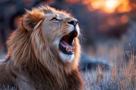 A roaring lion in the wild, at sunset, shot with a telephoto lens, capturing the raw power of natureの写真素材