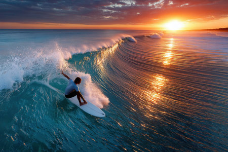 A surfer rides a wave at sunset on a beautiful oceanの写真素材