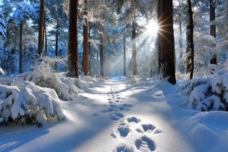 A snowy path winds through a sunlit forest in winterの写真素材