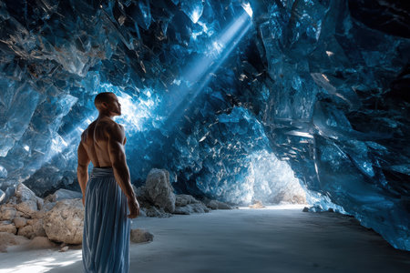 A person stands amazed in a cave featuring large blue crystals, illuminated by beams of sunlight.の写真素材