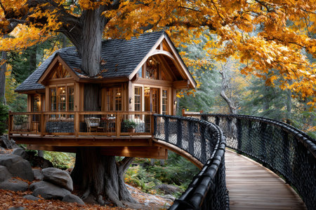 Beautiful wooden treehouse elevated among colorful autumn leaves offers a peaceful getaway in nature.の写真素材