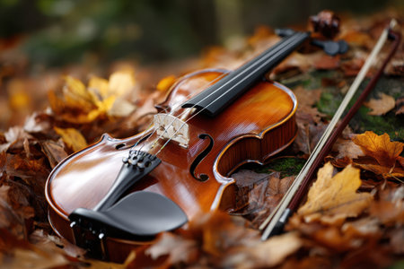 A violin lies on a bed of colorful autumn leaves, showing its polished wood against nature's backdrop.の写真素材