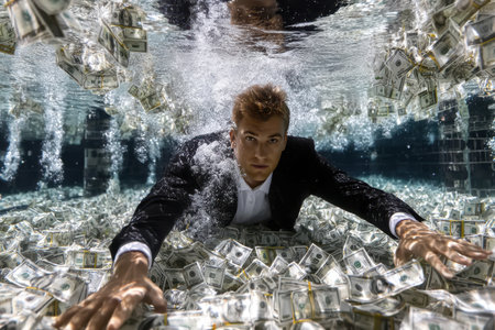 A man dressed in a suit swims among scattered cash, creating a surreal underwater environment illuminated by sunlight.の写真素材