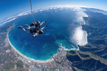 Two skydivers enjoy a breathtaking freefall above a beautiful coastline with sparkling blue water and mountains.の写真素材